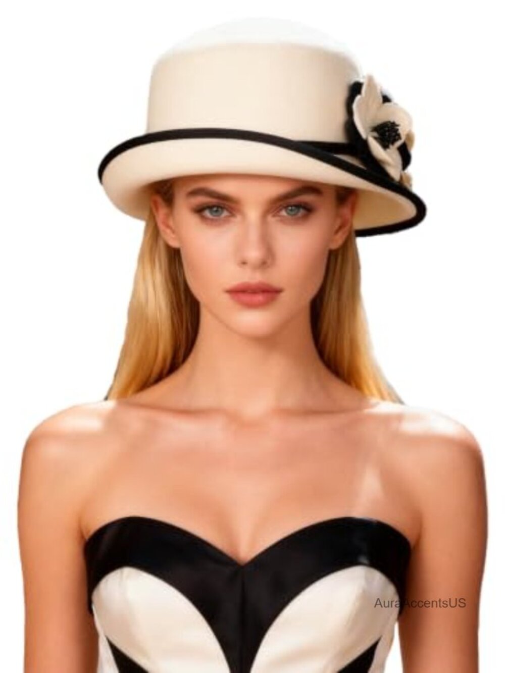 Wool Felt Cloche Hat with Flower Formal Church Tea Party Adjustable